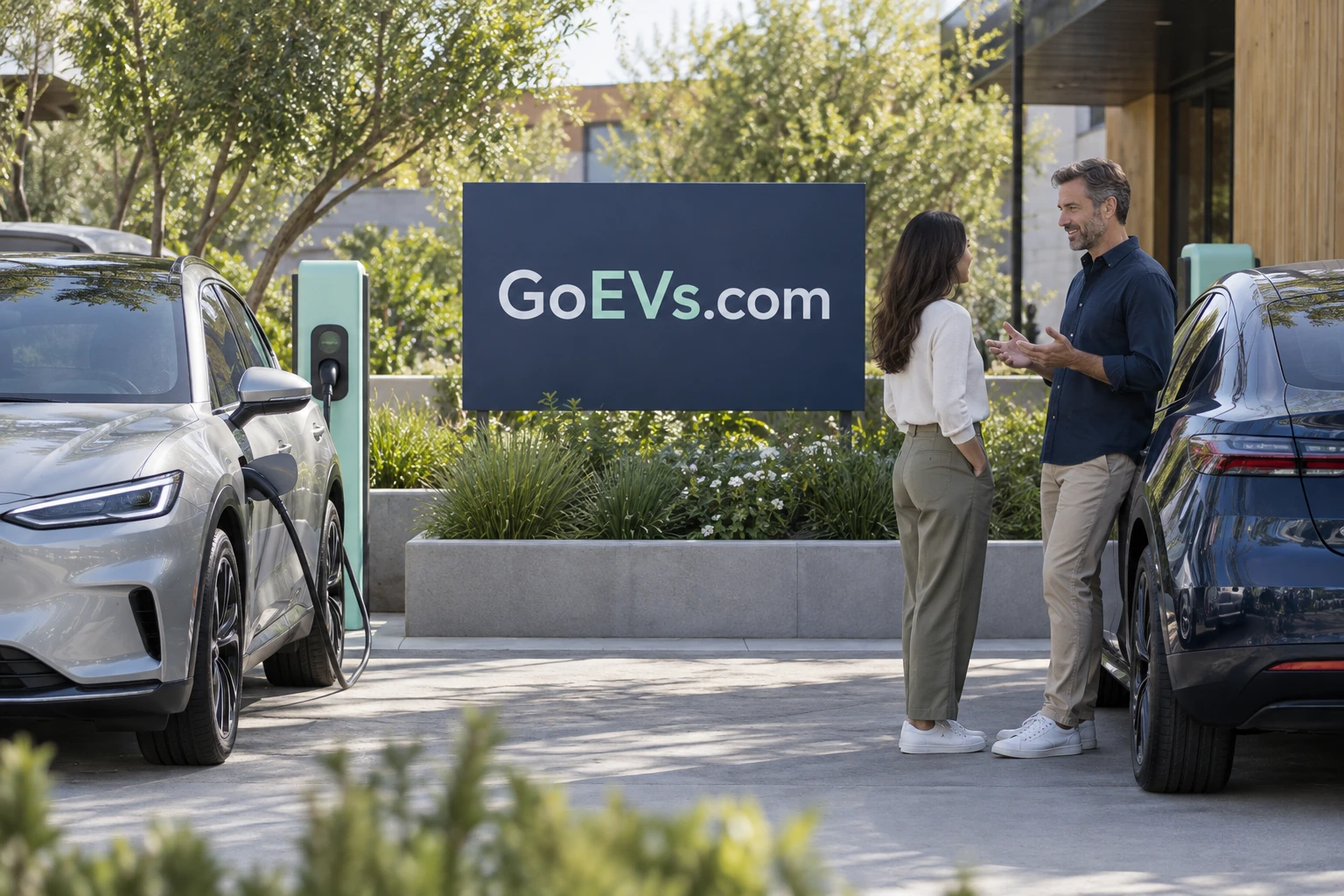 Electric vehicles outside a GoEVs.com mobility courtyard