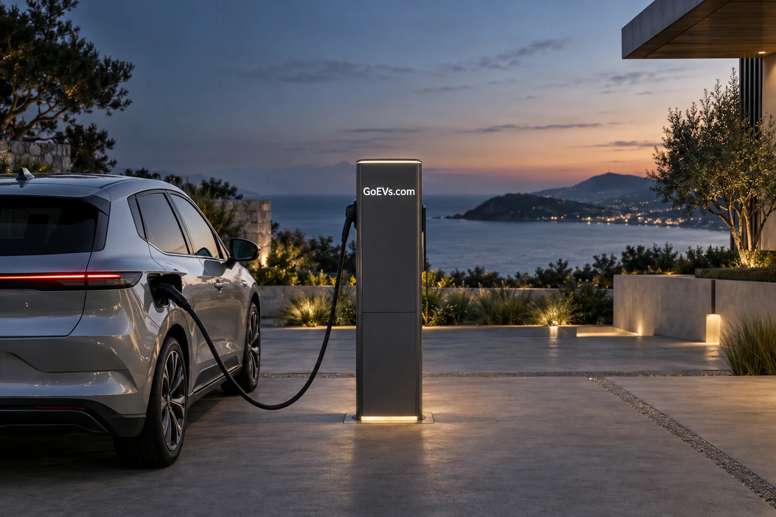A coastal electric vehicle charging courtyard with GoEVs.com on the central charging pedestal