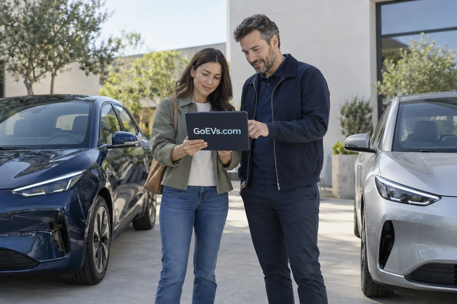 A GoEVs.com shopping guide beside an electric car at a modern showroom