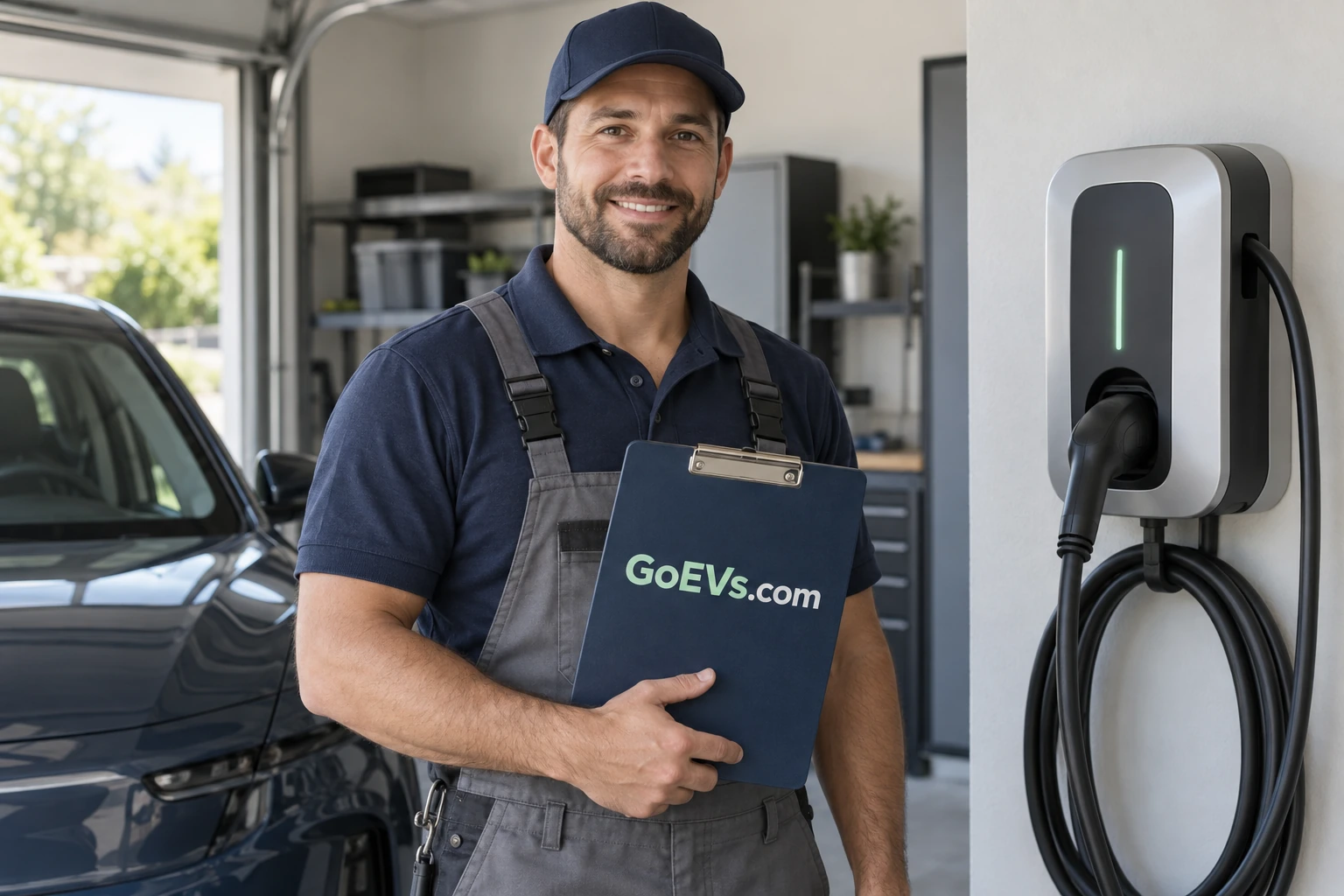 A GoEVs.com home charging station beside a residential driveway
